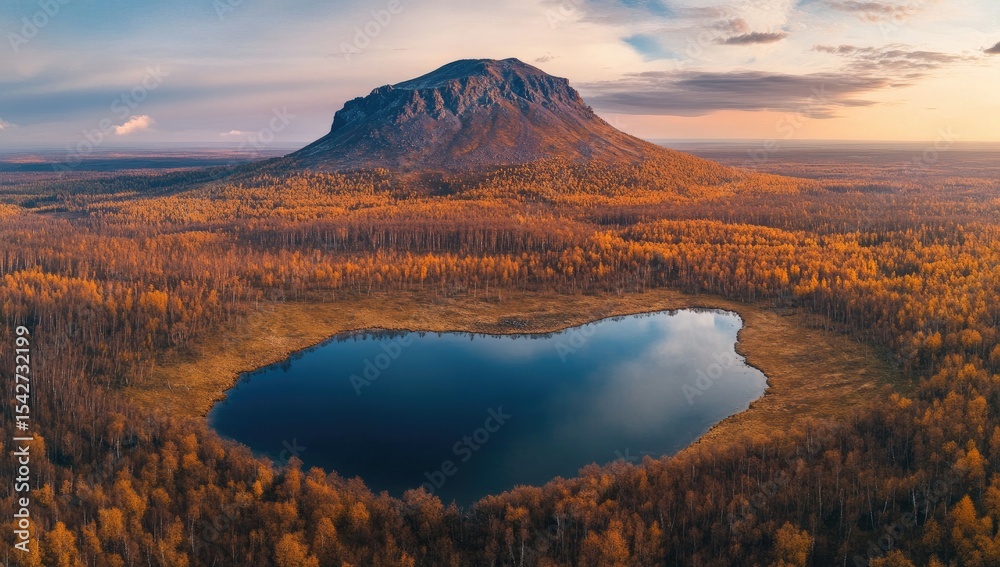 Fototapeta premium Panoramic autumn view of a mountain, lake, and forest