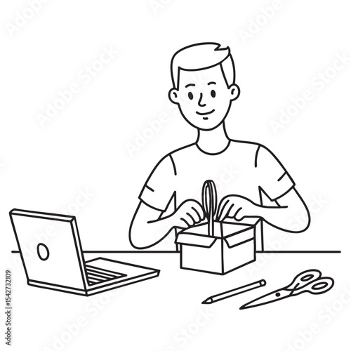 A person unboxing a package near a laptop and scissor