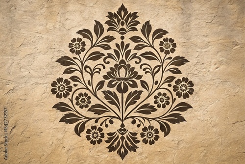 Dark Brown Floral Damask Pattern on Beige Textured Background