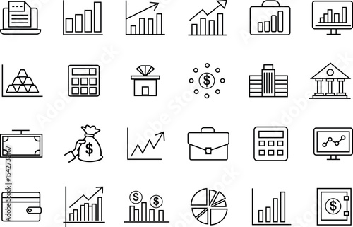 Analytics and finance icon set with graph charts, diagrams, banking symbols, and data report visuals