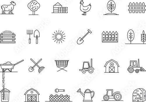 Agriculture and farming outline icons set including plants, tractors, tools, and farm elements