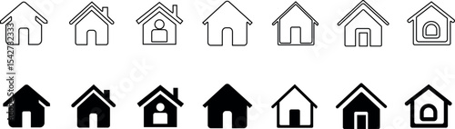 Minimal black and white home icons set for real estate, rental, and property management