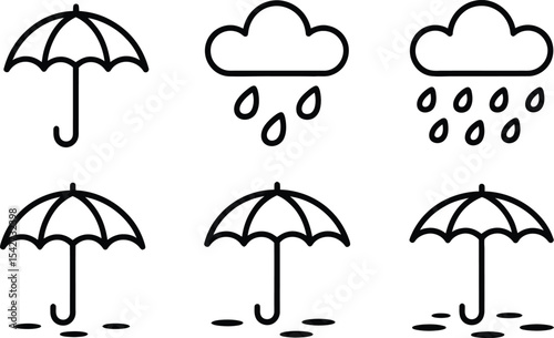 Weather forecast with umbrellas and rain icon set minimalist black and white