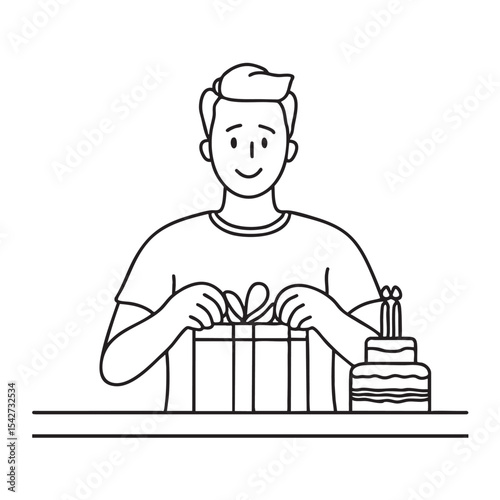 Someone unboxing a present beside a birthday cake