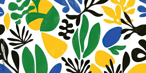Abstract pattern of stylized leaves and shapes in vibrant colors