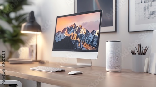 A stylish WiFi booster in a home office with modern, colorful decor