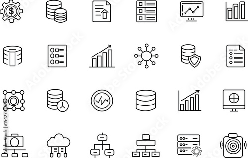 Minimal business infographic icons set with charts, data analytics, and finance outline symbols