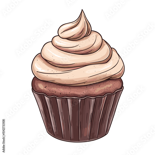 playful chocolate cupcake with swirl frosting cartoon icon style white background.