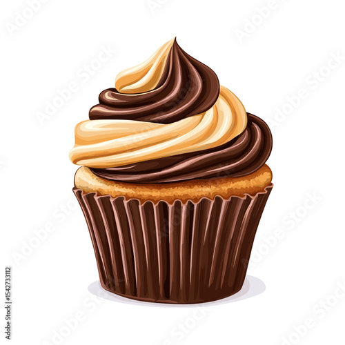 playful chocolate cupcake with swirl frosting cartoon icon style white background.