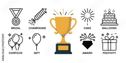 Celebration icons featuring a trophy, medal, champagne, cake, balloons, and a gift, all on white
