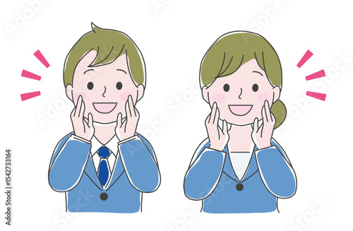 笑顔で呼びかけるスーツの男性と女性