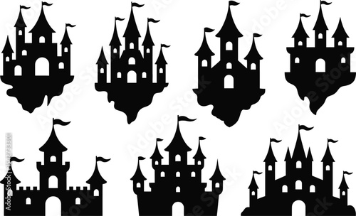 Set of black castle silhouettes magical kingdom fairy tale fantasy theme