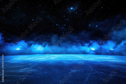 A vast, icy expanse beneath a starlit night sky, bathed in ethereal blue light