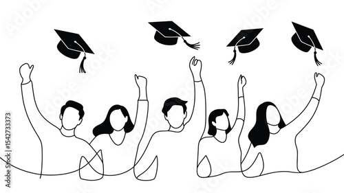 Line art illustration of graduating students throwing caps in the air