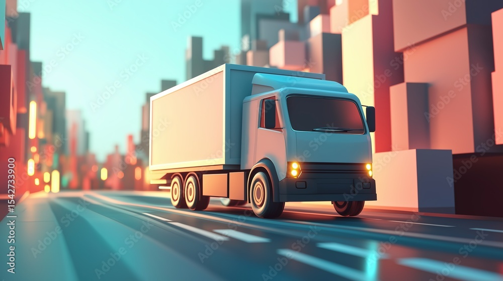 Fototapeta premium This 3D - rendered illustration features a delivery truck driving through an urban cityscape. The vibrant colors and modern design make it perfect for logistics