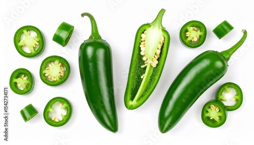 jalapeno peppers isolated on white background. Green chili pepper . Top view. Flat lay

