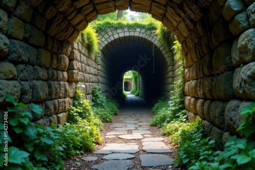 Narrow stone passageway with ancient stone walls and low-hanging cobwebs , abandoned, eerie, stone