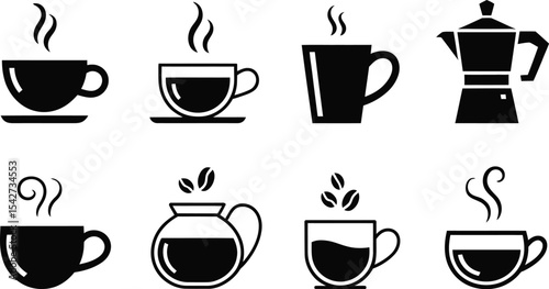 Collection of coffee cups and pots black and white icons
