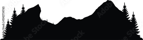 Silhouette of mountain range with evergreen trees landscape black and white simple illustration