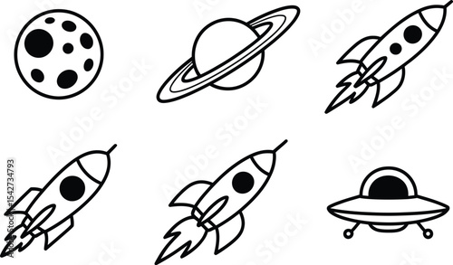 Space exploration icon set moon saturn rockets and ufos in black and white