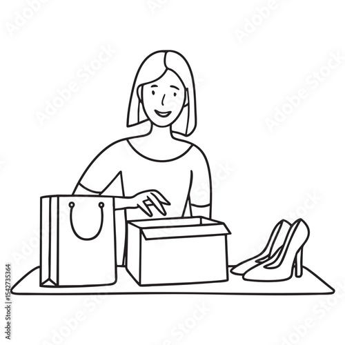 A woman unpacking heels beside her shopping bag