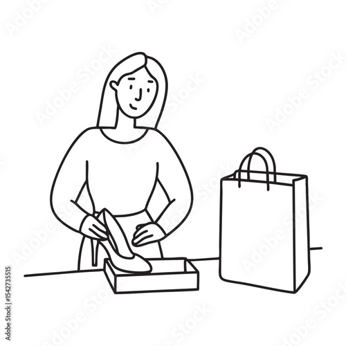 A lady unboxing heels next to a shopping bag