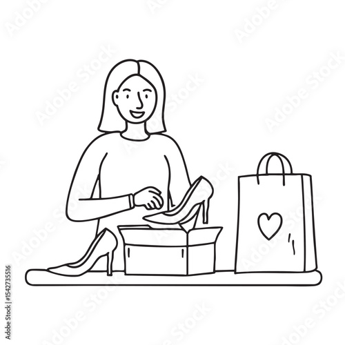Someone opening a pair of heels next to a shopping bag