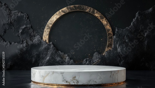 Dark, rocky backdrop with gold circle and white marble podium