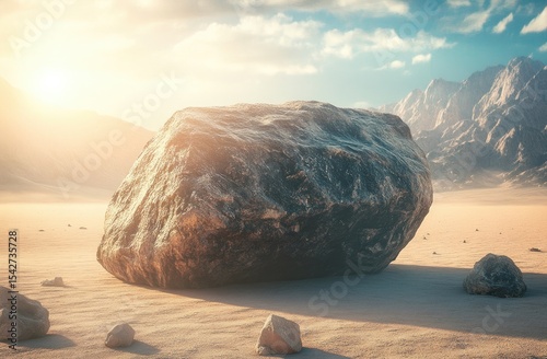 Large dark rock in a sunlit desert landscape