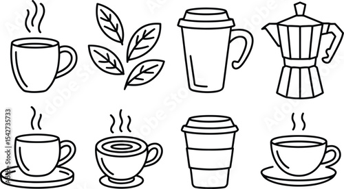 Coffee and tea doodle illustration with cups and moka pot