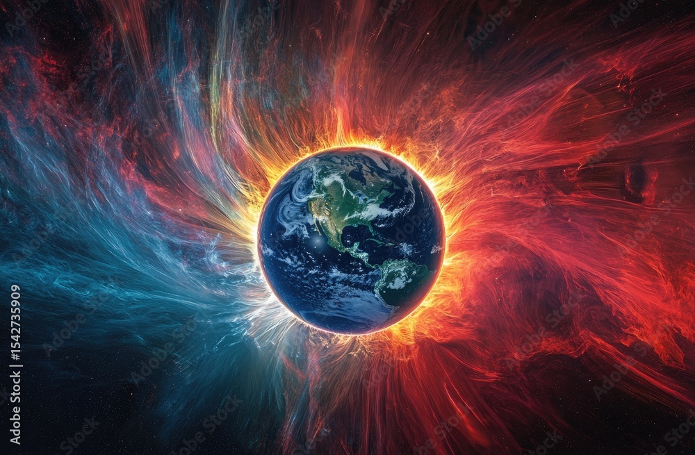 Obraz premium Earth engulfed in fiery, swirling cosmic energy
