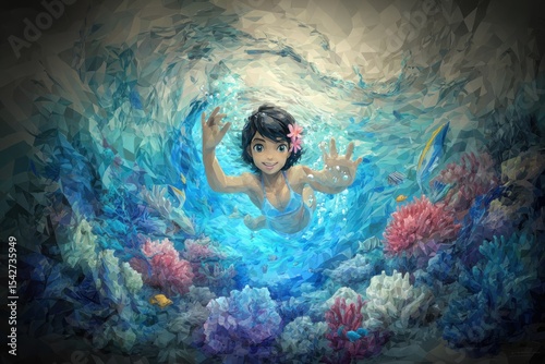 Fototapeta Naklejka Na Ścianę i Meble -  Girl swimming in a vibrant underwater coral reef