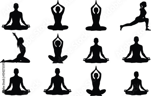 Yoga poses silhouettes illustration demonstrating different asanas for wellness and flexibility