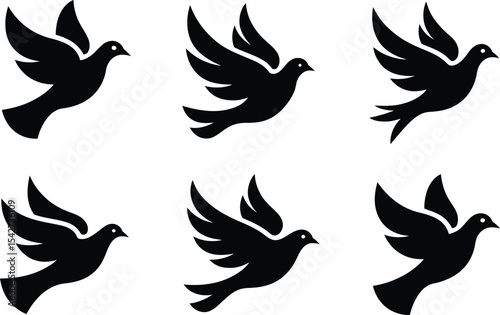 Silhouette doves flying peacefully white background stock illustration template