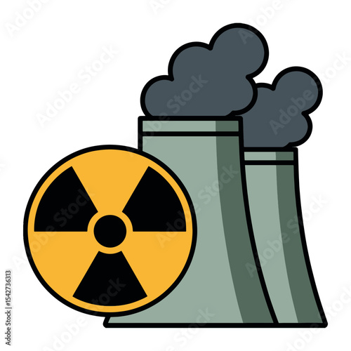 Cartoon Nuclear Power Plant with Radiation Symbol Vector | Energy and Hazard Illustration