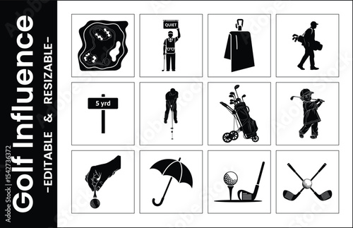 Golf Icon Set Black And White Silhouette Vector Graphics Golfing Equipment And Accessories