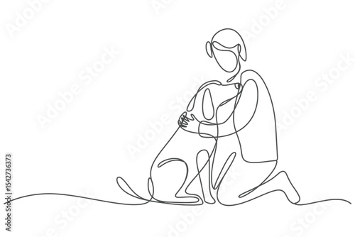 Person Kneeling and Hugging a Dog One Line Drawing