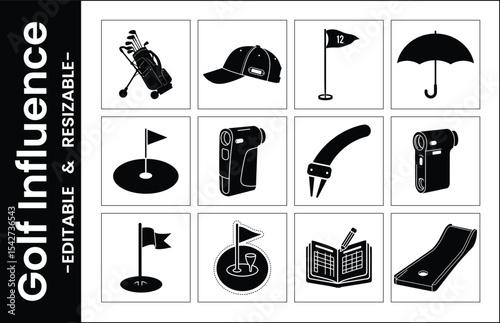 Golf Icon Set Featuring Golf Bag Cap Flag Umbrella And Other Accessories