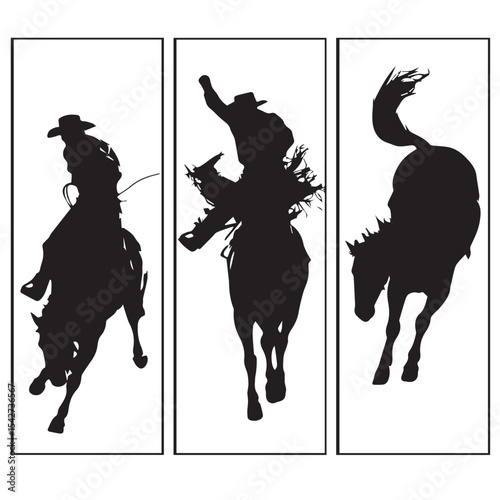 bronc rider silhouette set, Black & White silhouette set 