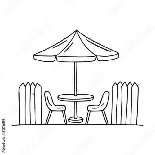 An umbrella table tilted beside a patio entrance gate