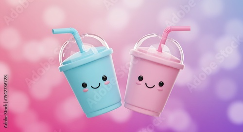 Kawaii blue and pink drink cups with smiling faces and straws