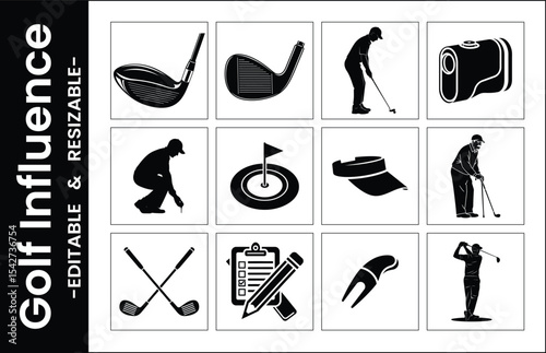 Golf Icon Set Black And White Silhouette Style Golfing Equipment And Player Poses