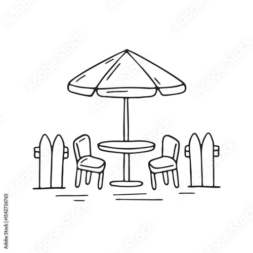 A leaning umbrella table next to a patio gate