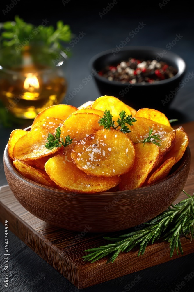 Crispy potato slices in a wooden bowl Crispy potato slices in a wooden bowl
