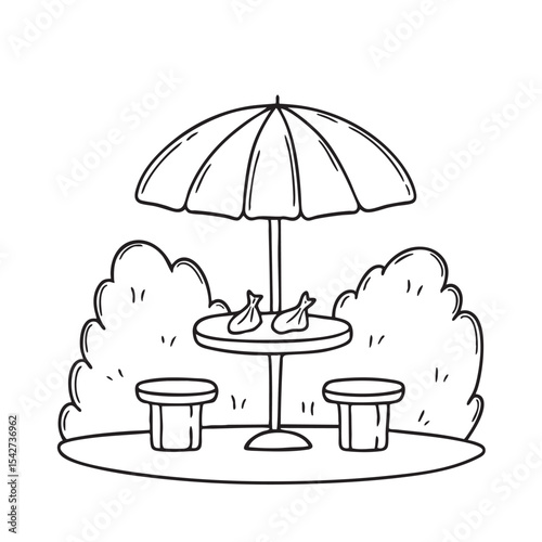 An umbrella table above snack wrappers left in the park