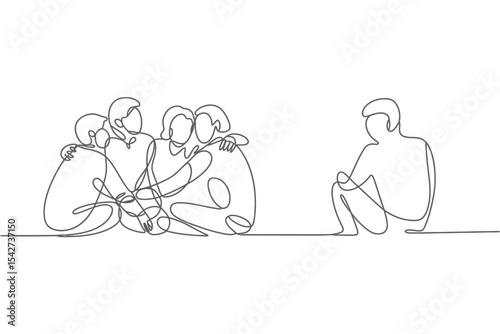 One Line Drawing of Group Hug and Lonely Person