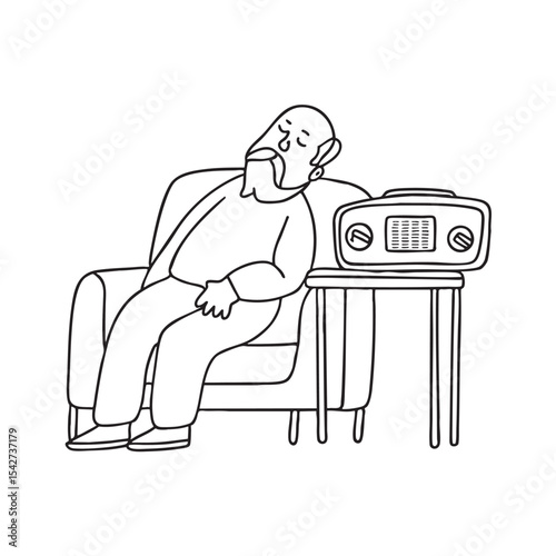 An uncle dozing on a couch near a vintage radio