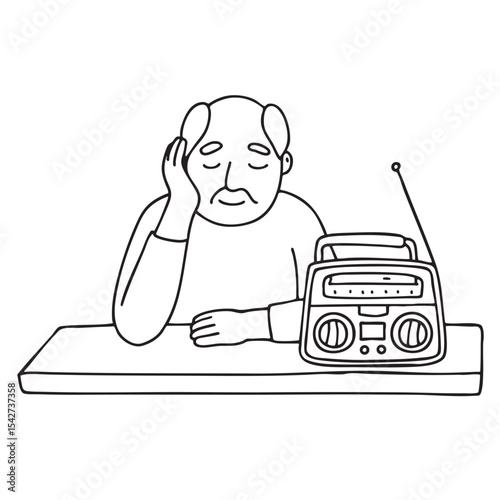 An uncle taking a nap on a table next to a vintage radio