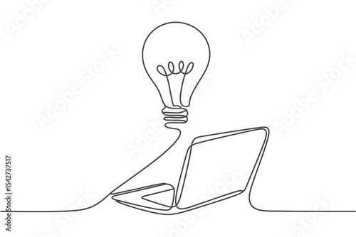 Laptop with Light Bulb Idea Single Line Drawing