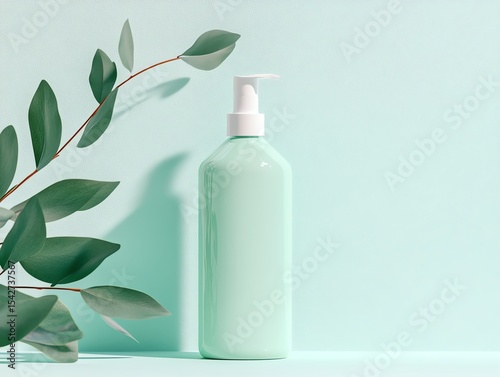 Mint Green Lotion Bottle Mockup with Plant Branch